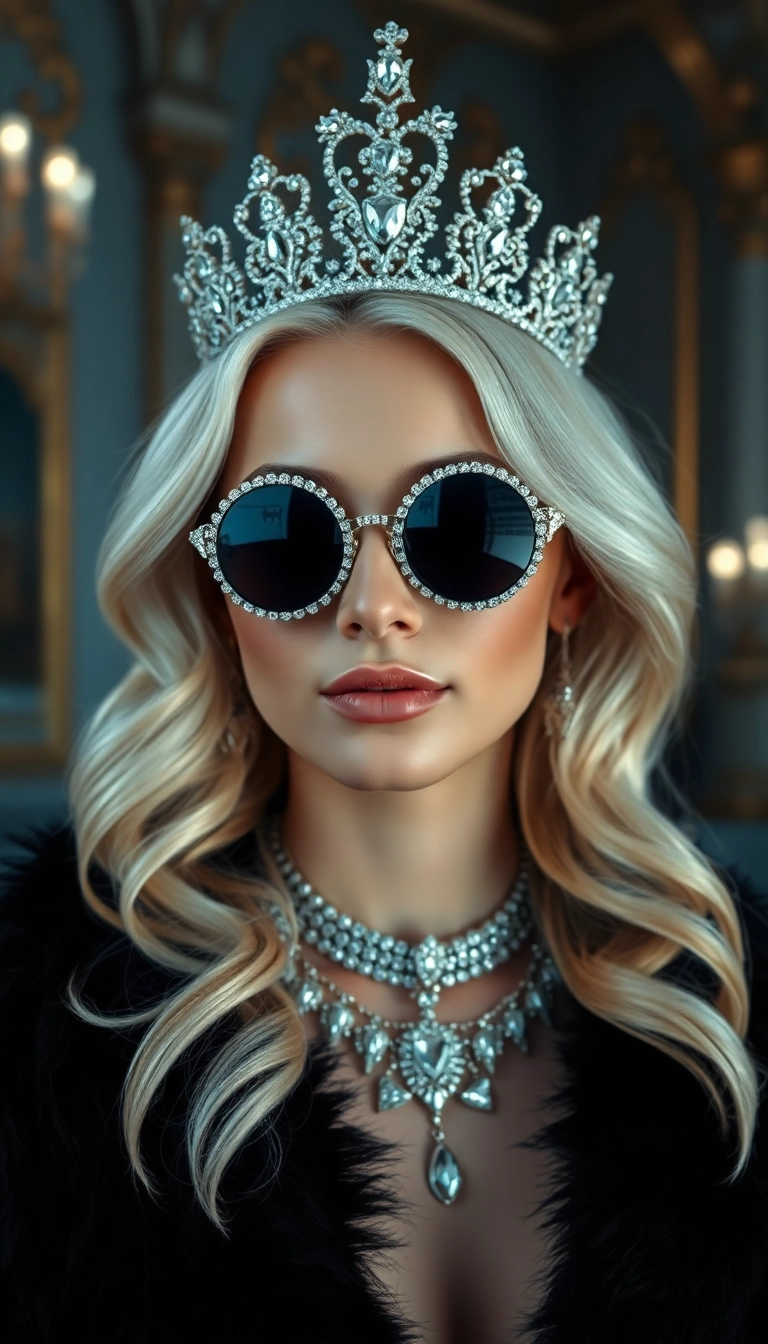 HD iPhone AI Young Platinum Blonde Queen in Black Fur Luxury Wallpaper
